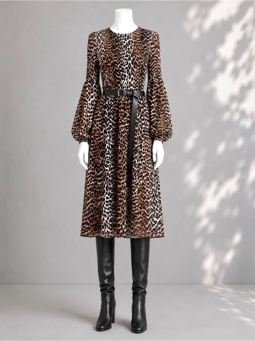 Ganni Leopard Printed Georgette Dress S Brown Black Smocked Long Sleeve
